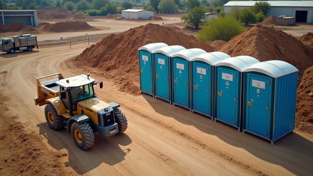 A construction site featuring portable restrooms for worker convenience